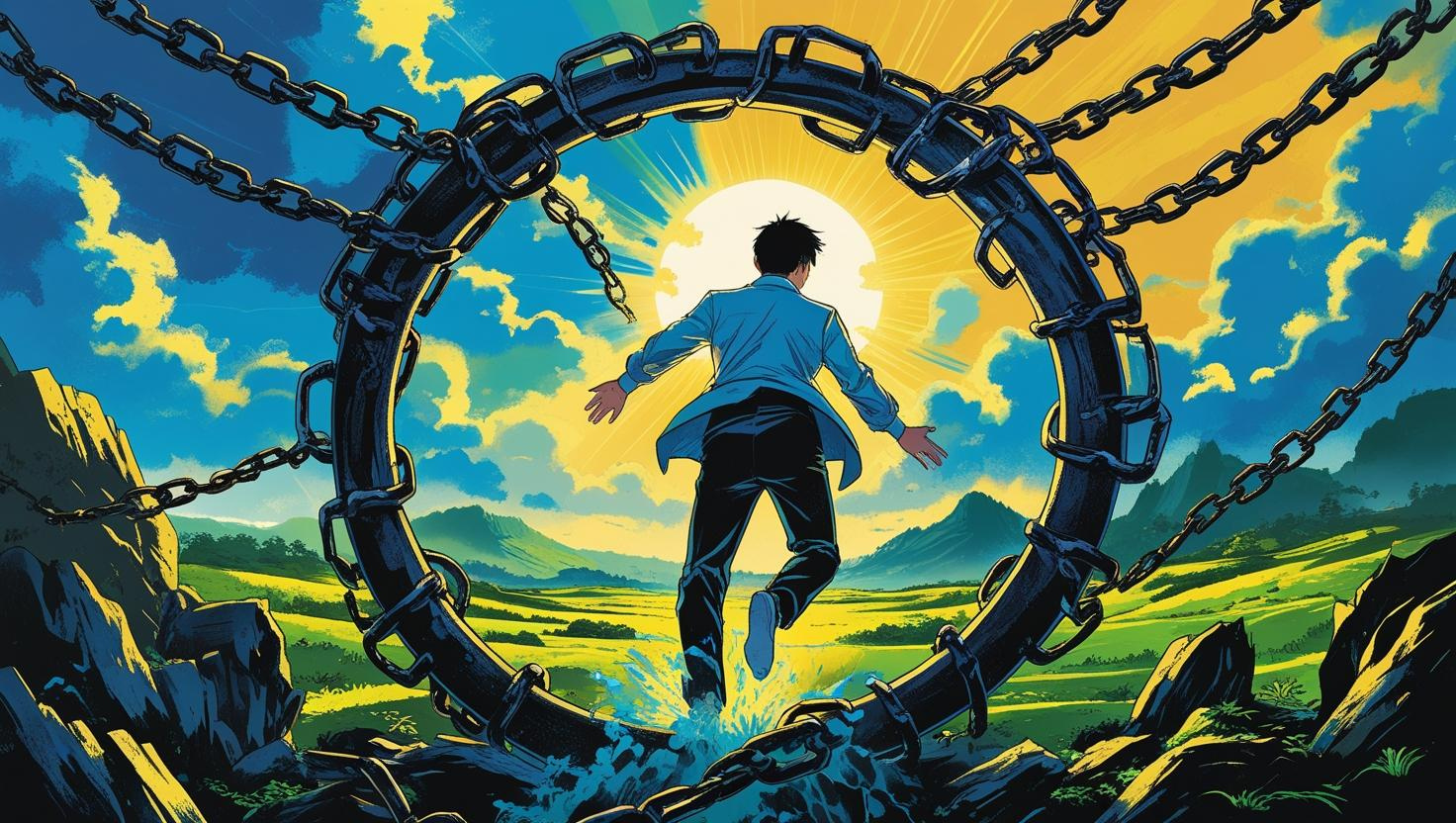 victimhood Person breaking free from chains in a vibrant landscape, symbolizing liberation from a victim mentality.